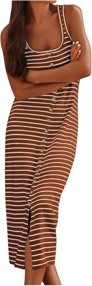 Women Striped Midi Dresses Sleeveless Scoop Neck Bodycon Dresses Button Down Casual Tank Dress Summer Sundress
