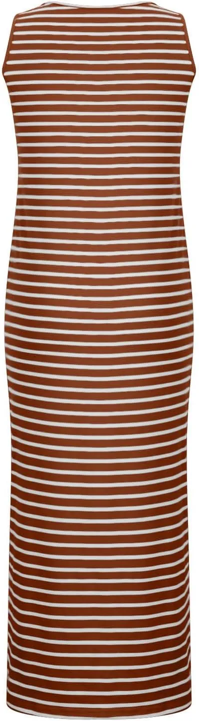 Women Striped Midi Dresses Sleeveless Scoop Neck Bodycon Dresses Button Down Casual Tank Dress Summer Sundress