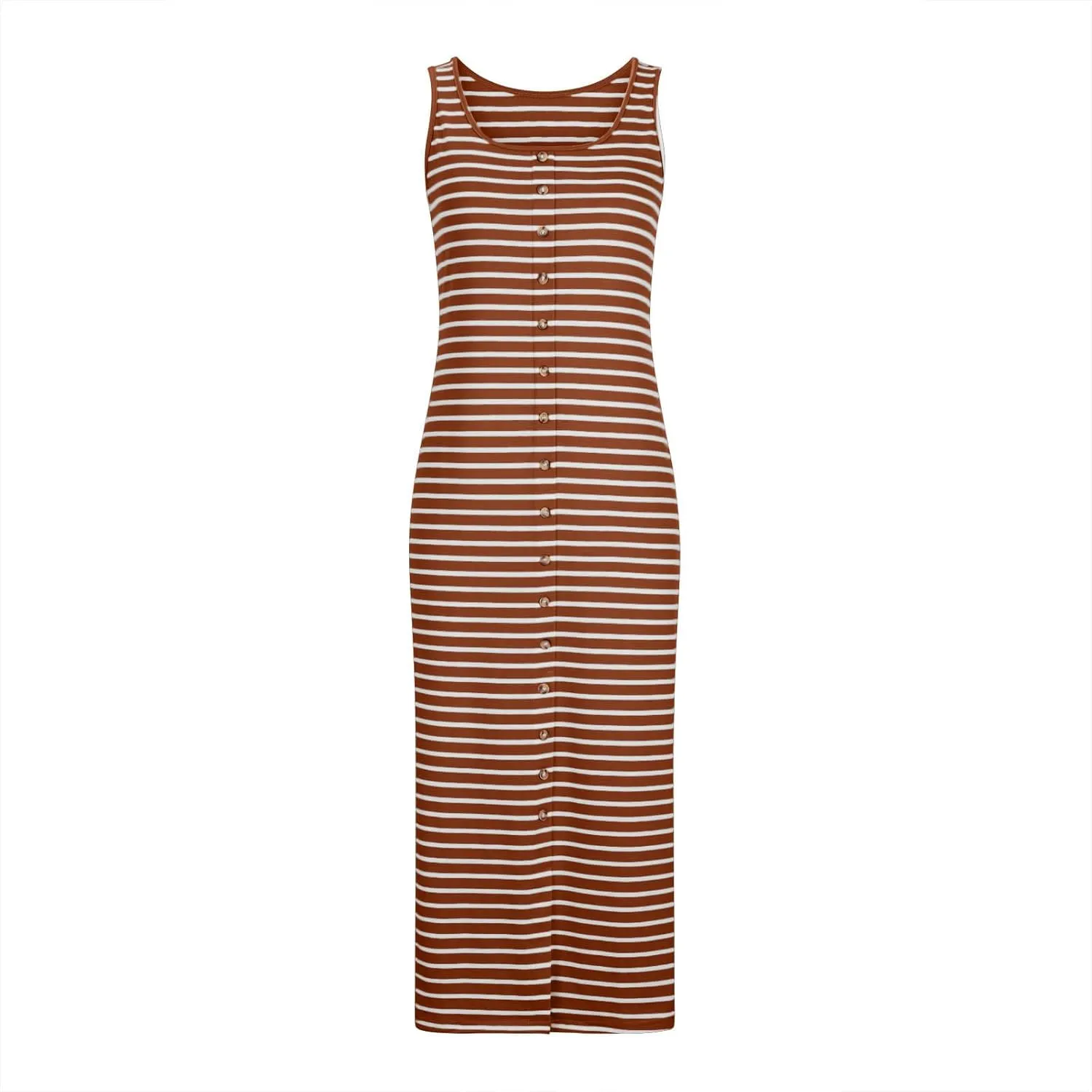 Women Striped Midi Dresses Sleeveless Scoop Neck Bodycon Dresses Button Down Casual Tank Dress Summer Sundress
