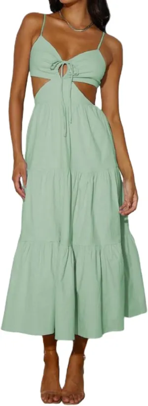 Women Summer Boho Spaghetti Strap Flowy Long Dress Backless V-Neck Cutout Tiered Solid Color Swing Beach Midi Sundress