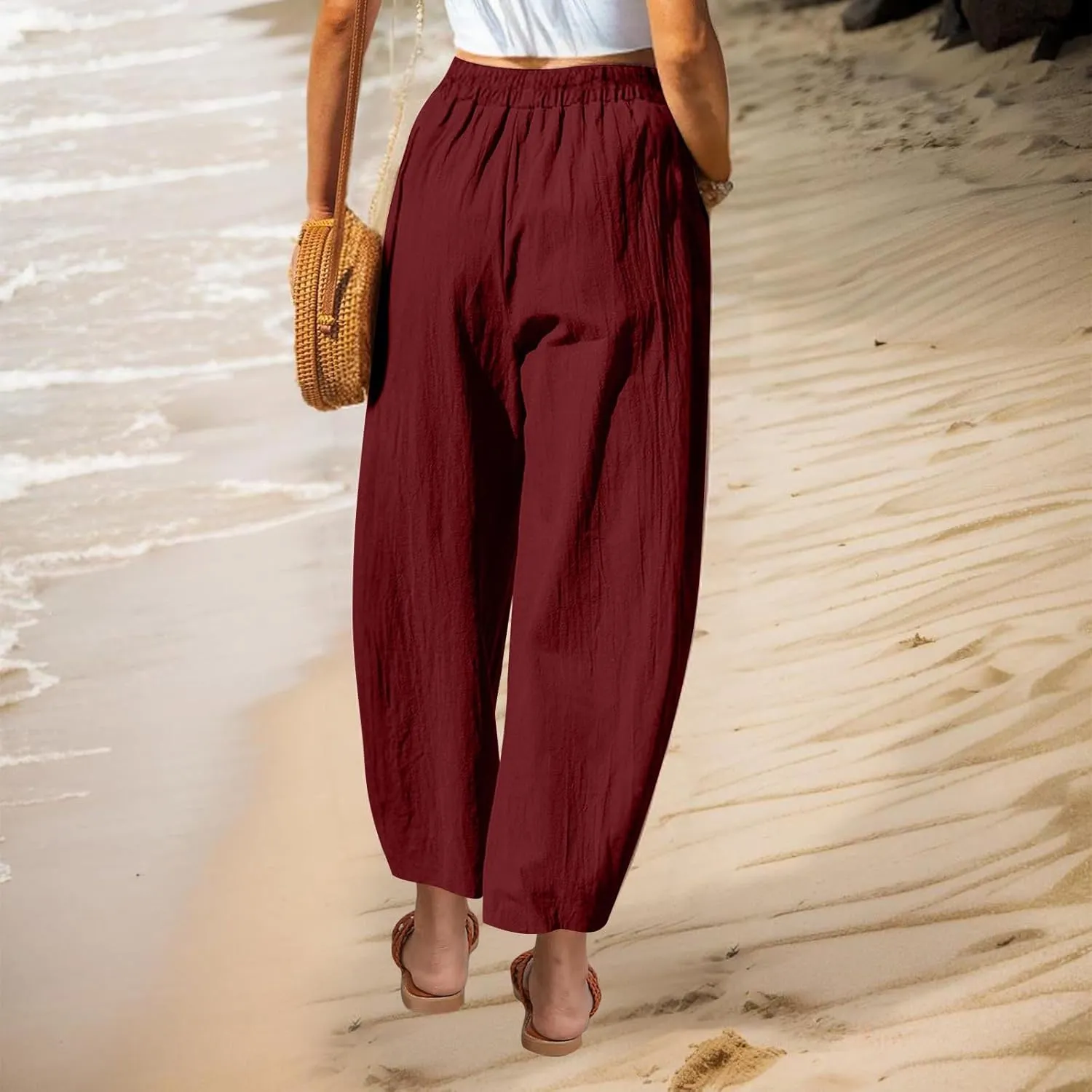 Women Summer Cotton Linen Pants Elastic Waist Straight Pant Wide Leg Beach Trousers Lightweight Long Pants