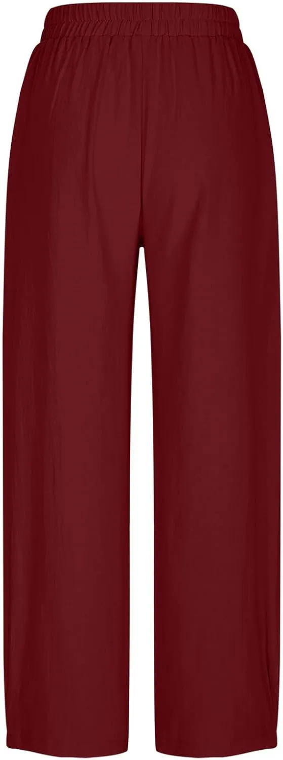 Women Summer Cotton Linen Pants Elastic Waist Straight Pant Wide Leg Beach Trousers Lightweight Long Pants