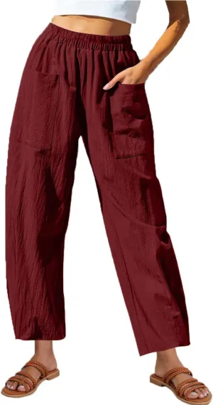 Women Summer Cotton Linen Pants Elastic Waist Straight Pant Wide Leg Beach Trousers Lightweight Long Pants