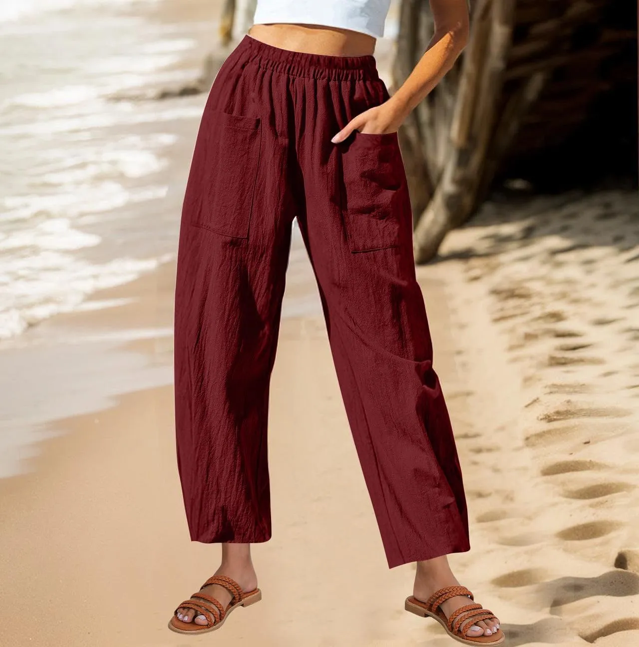 Women Summer Cotton Linen Pants Elastic Waist Straight Pant Wide Leg Beach Trousers Lightweight Long Pants