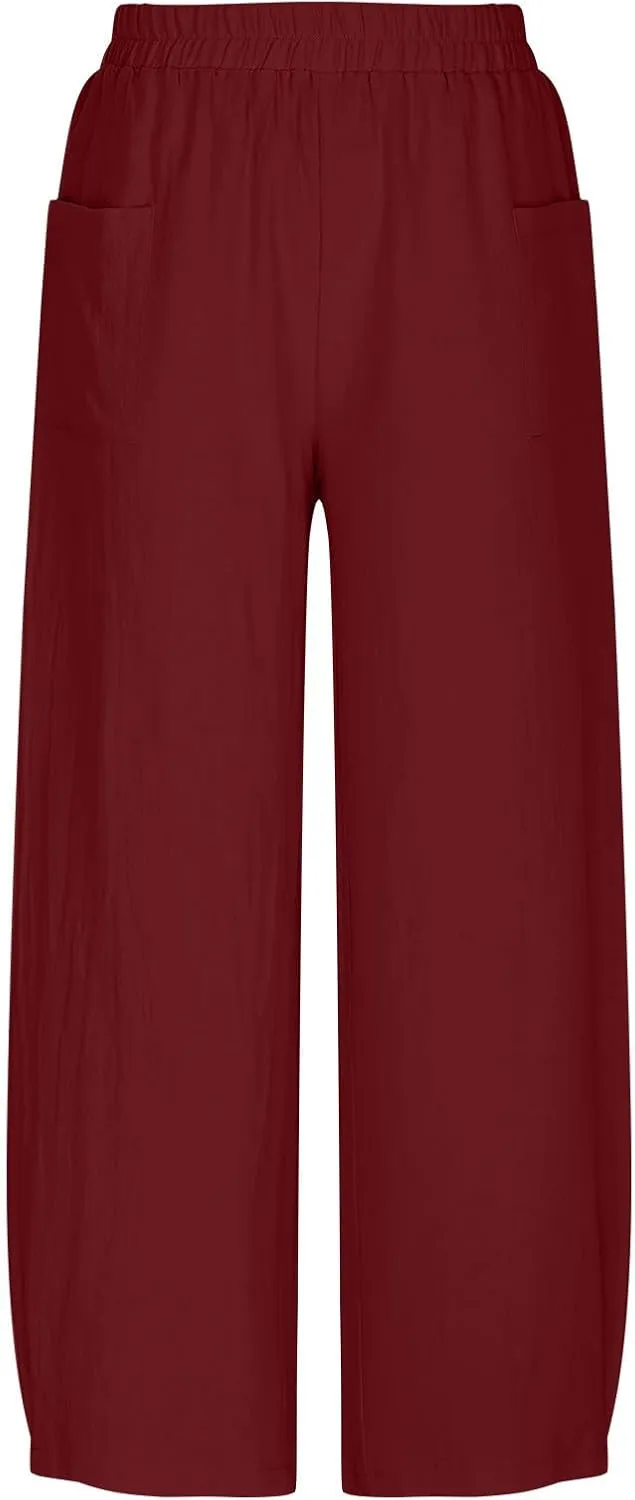 Women Summer Cotton Linen Pants Elastic Waist Straight Pant Wide Leg Beach Trousers Lightweight Long Pants