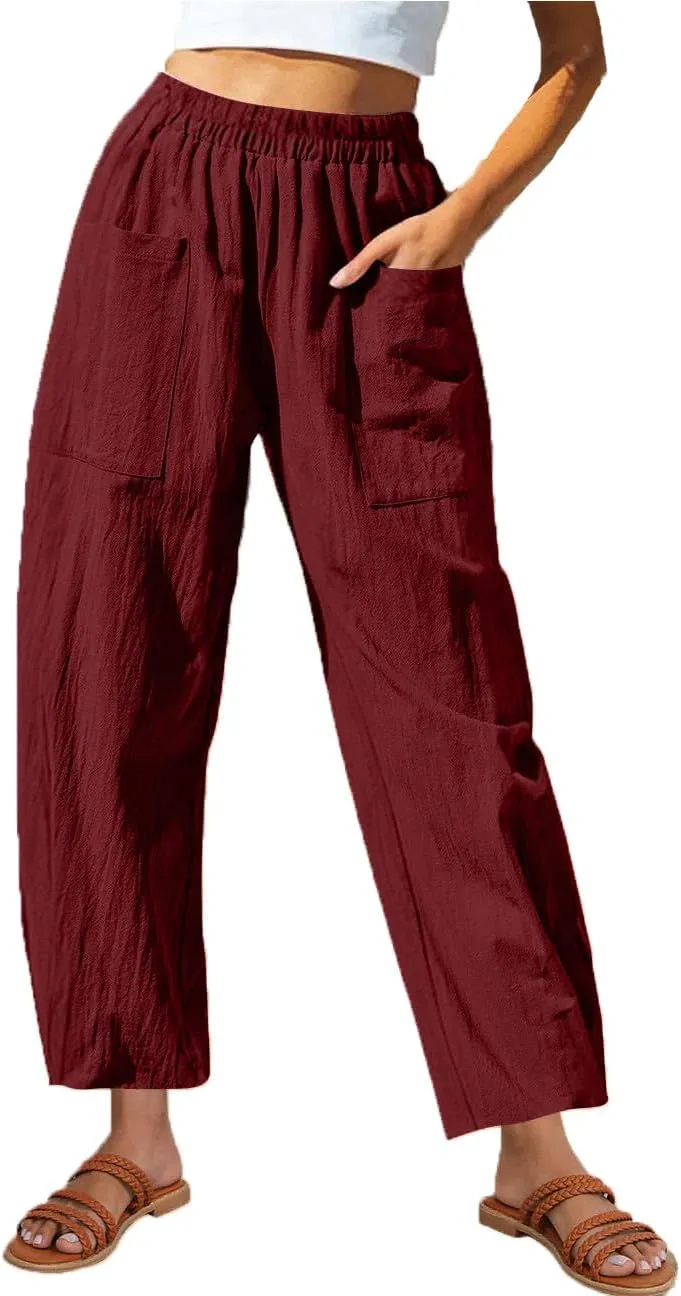 Women Summer Cotton Linen Pants Elastic Waist Straight Pant Wide Leg Beach Trousers Lightweight Long Pants