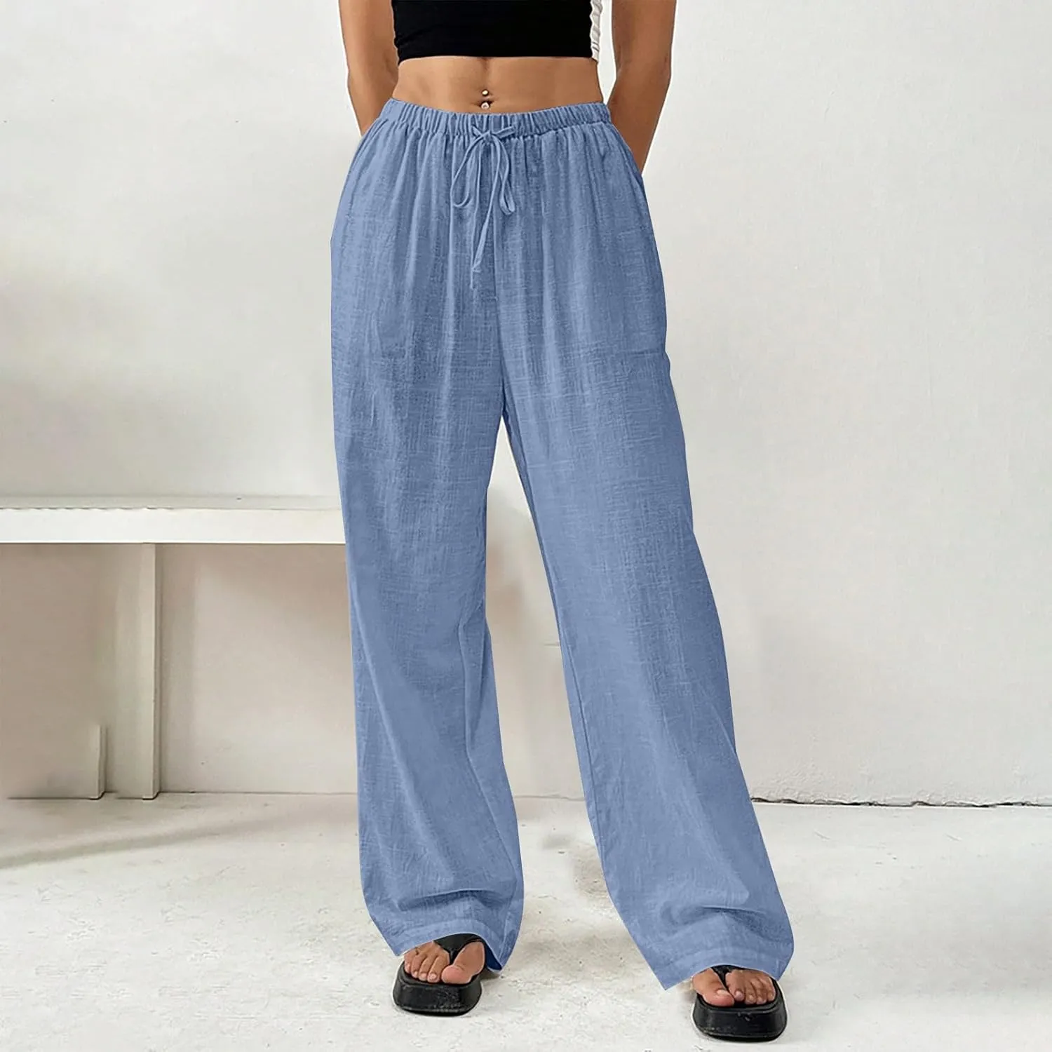Women Summer Drawstring Pants Waist Wide Leg Pant Loose Cotton Linen Palazzo Trousers Casual Beach Long Clothes