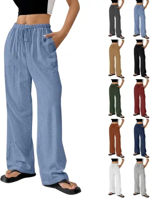 Women Summer Drawstring Pants Waist Wide Leg Pant Loose Cotton Linen Palazzo Trousers Casual Beach Long Clothes