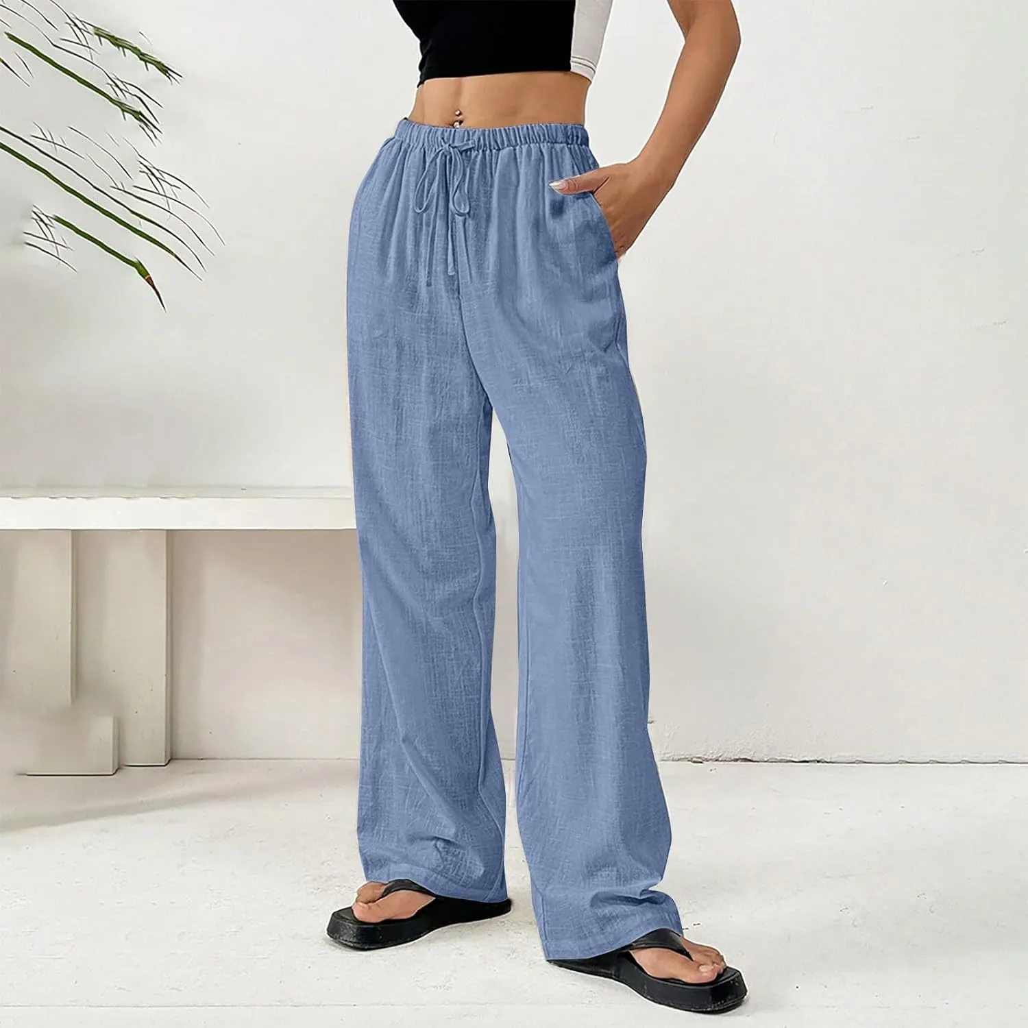 Women Summer Drawstring Pants Waist Wide Leg Pant Loose Cotton Linen Palazzo Trousers Casual Beach Long Clothes