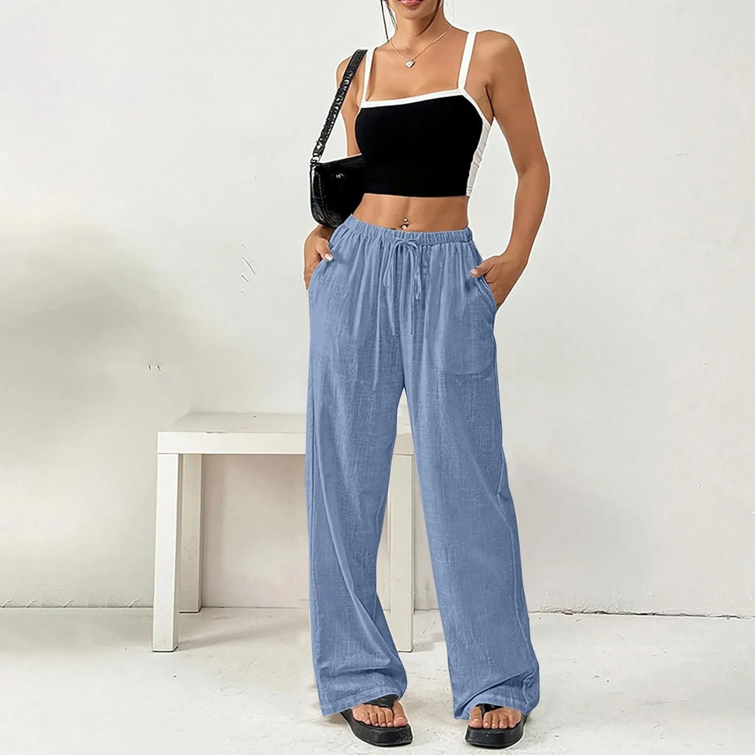Women Summer Drawstring Pants Waist Wide Leg Pant Loose Cotton Linen Palazzo Trousers Casual Beach Long Clothes