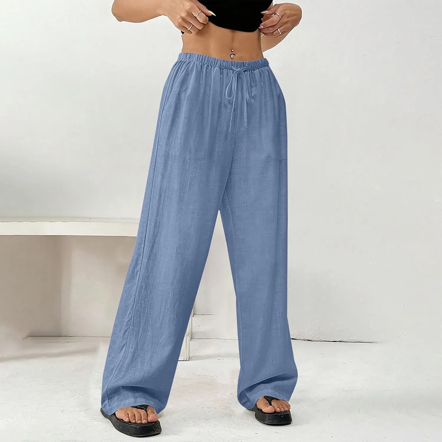 Women Summer Drawstring Pants Waist Wide Leg Pant Loose Cotton Linen Palazzo Trousers Casual Beach Long Clothes