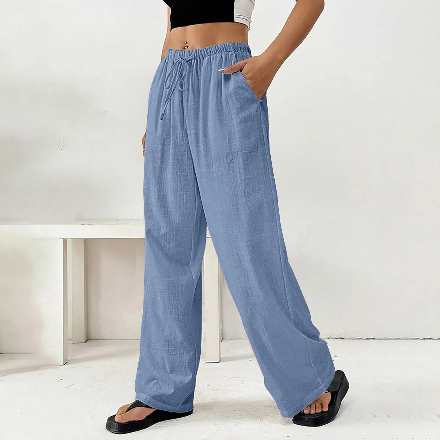 Women Summer Drawstring Pants Waist Wide Leg Pant Loose Cotton Linen Palazzo Trousers Casual Beach Long Clothes