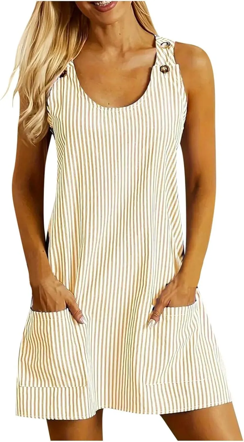 Women Summer Dresses Striped Loose Athletic Dress Sleeveeless Round Neck Hot Shot Mini Dress with Pockets
