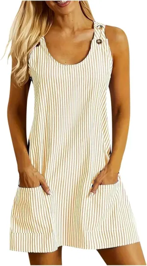 Women Summer Dresses Striped Loose Athletic Dress Sleeveeless Round Neck Hot Shot Mini Dress with Pockets