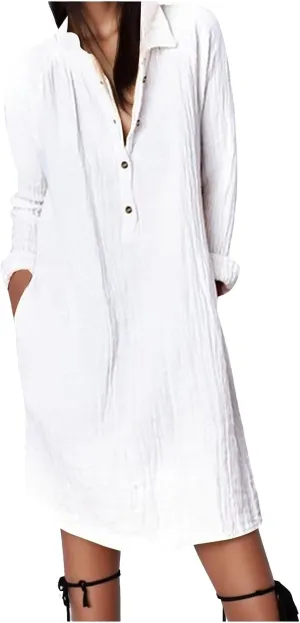 Women Summer Midi Shirt Dresses Button Down 1/2 Sleeve Lapel Casual Cotton Linen Dress Summer Midi Dress Pockets Shirt Dress