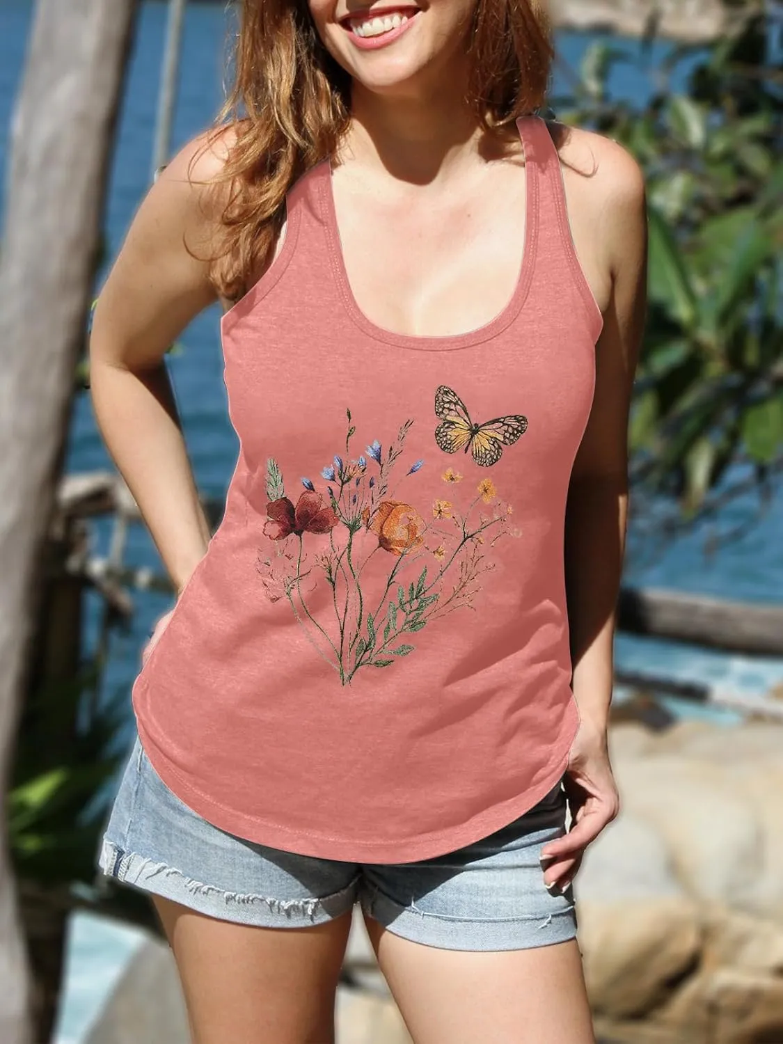 Women Summer Vintage Flowers Tank: Wildflowers and Butterflies Tanks Boho Floral Printed Shirt Summer Graphic Tee Tops