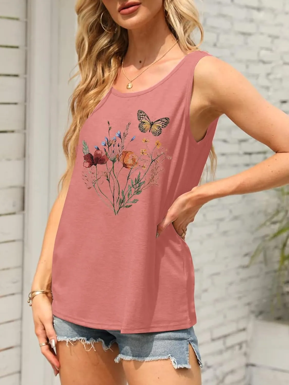 Women Summer Vintage Flowers Tank: Wildflowers and Butterflies Tanks Boho Floral Printed Shirt Summer Graphic Tee Tops