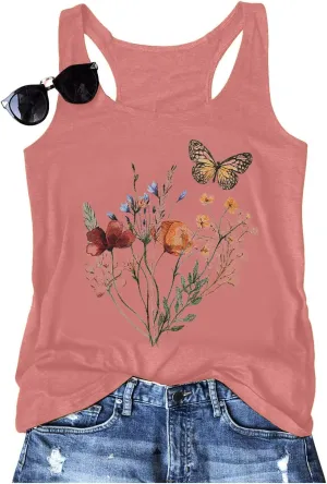 Women Summer Vintage Flowers Tank: Wildflowers and Butterflies Tanks Boho Floral Printed Shirt Summer Graphic Tee Tops