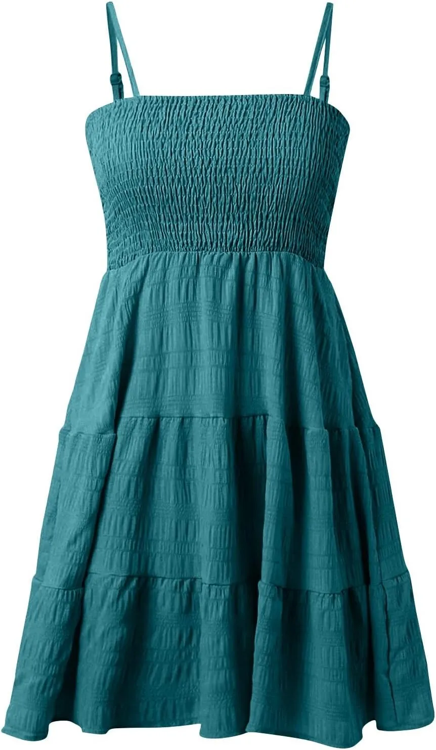 Women Sundresses Smocked Spaghetti Strap Square Neck Mini Babydoll Dress Casual Summer Flowy Tiered Ruffle Dress