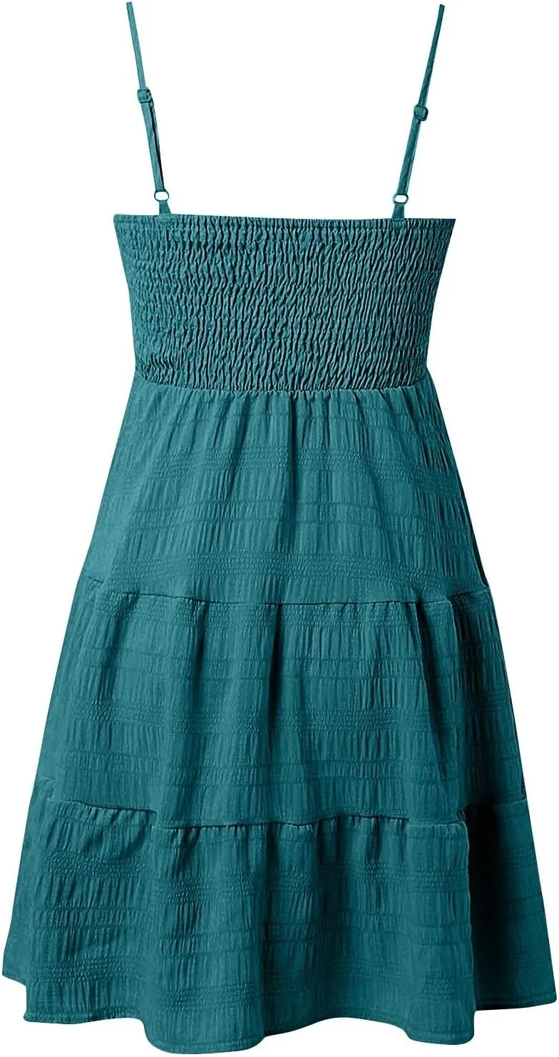 Women Sundresses Smocked Spaghetti Strap Square Neck Mini Babydoll Dress Casual Summer Flowy Tiered Ruffle Dress