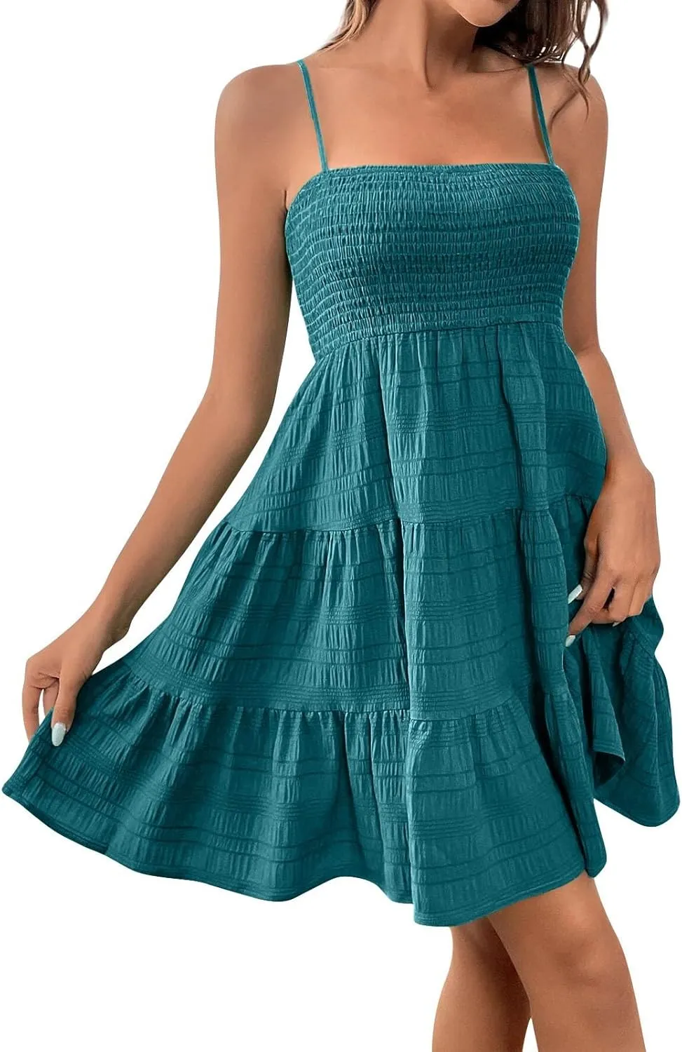 Women Sundresses Smocked Spaghetti Strap Square Neck Mini Babydoll Dress Casual Summer Flowy Tiered Ruffle Dress