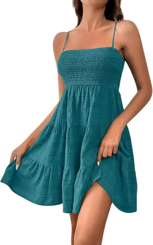 Women Sundresses Smocked Spaghetti Strap Square Neck Mini Babydoll Dress Casual Summer Flowy Tiered Ruffle Dress