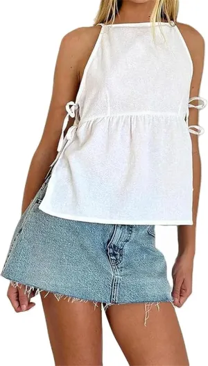Women Tie Side Tank Top Sleeveless Split Peplum Coquette Shirt Plaid Trendy Going Out Summer Tops Y2k Streetwear