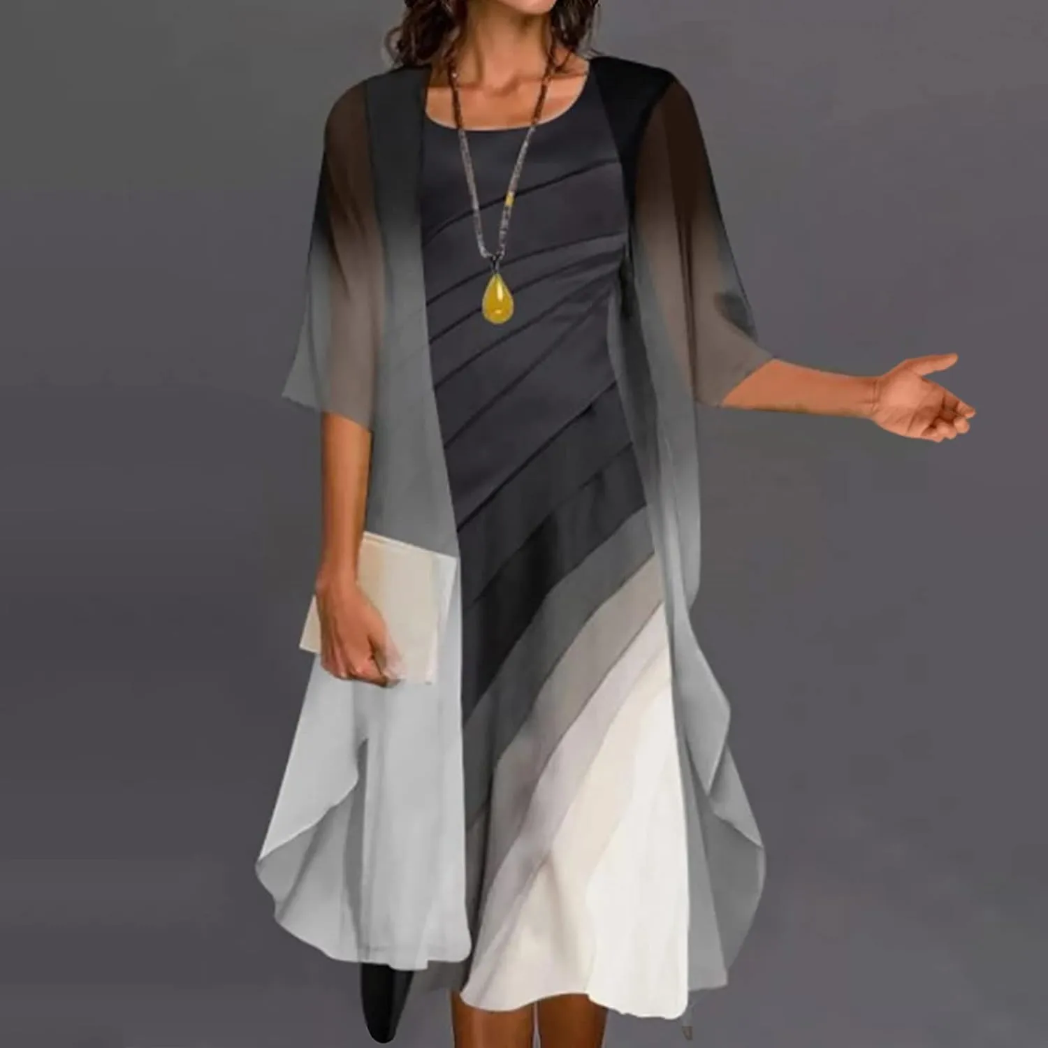 Women Two Piece Outfits Sleeveless Floral Print Long Dress with Cardigan Loose Casual Crew Neck Flowy Maxi Dress