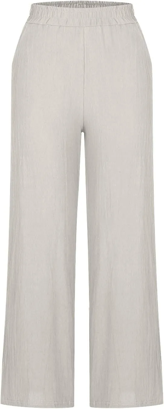 Women Wide Leg Linen Pants High Waisted Summer Cotton Linen Palazzo Pant Slacks Trousers Vacation Outfits with Pockets