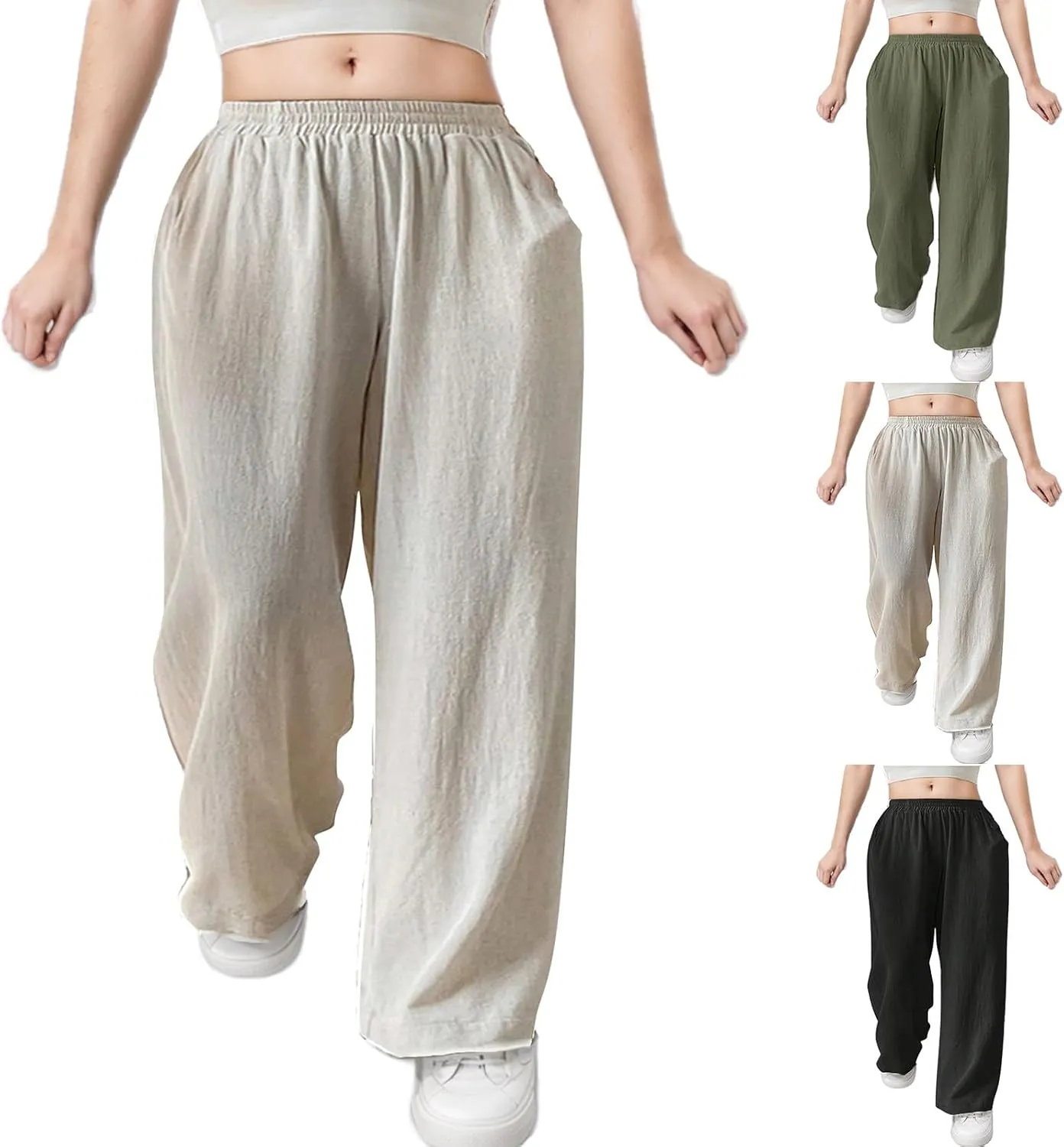 Women Wide Leg Linen Pants High Waisted Summer Cotton Linen Palazzo Pant Slacks Trousers Vacation Outfits with Pockets