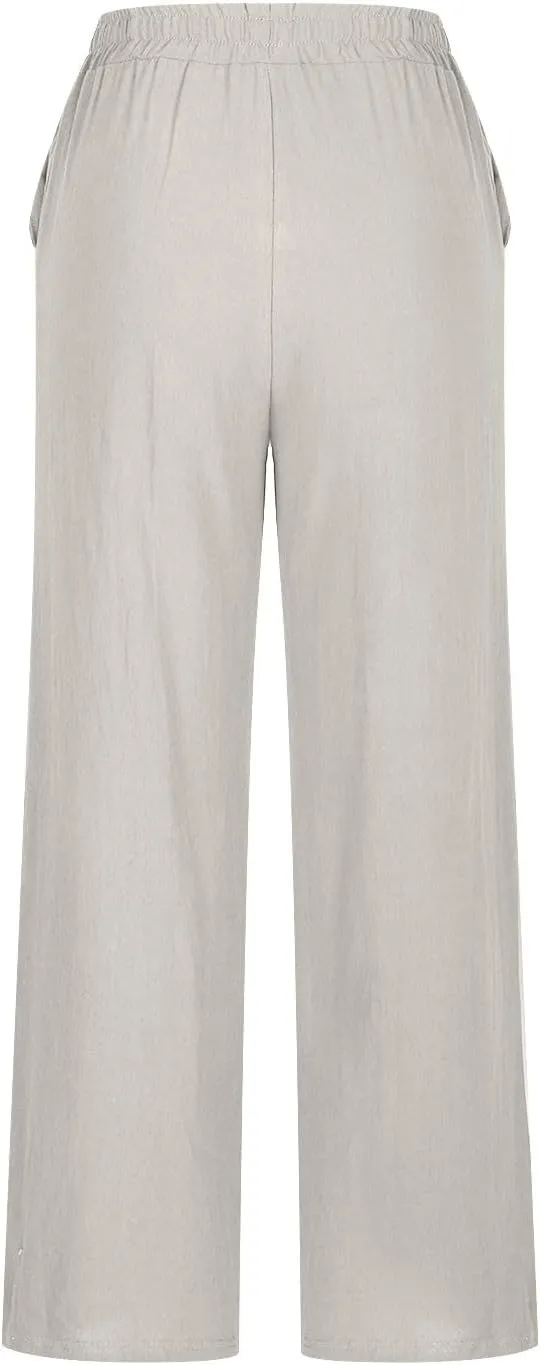 Women Wide Leg Linen Pants High Waisted Summer Cotton Linen Palazzo Pant Slacks Trousers Vacation Outfits with Pockets
