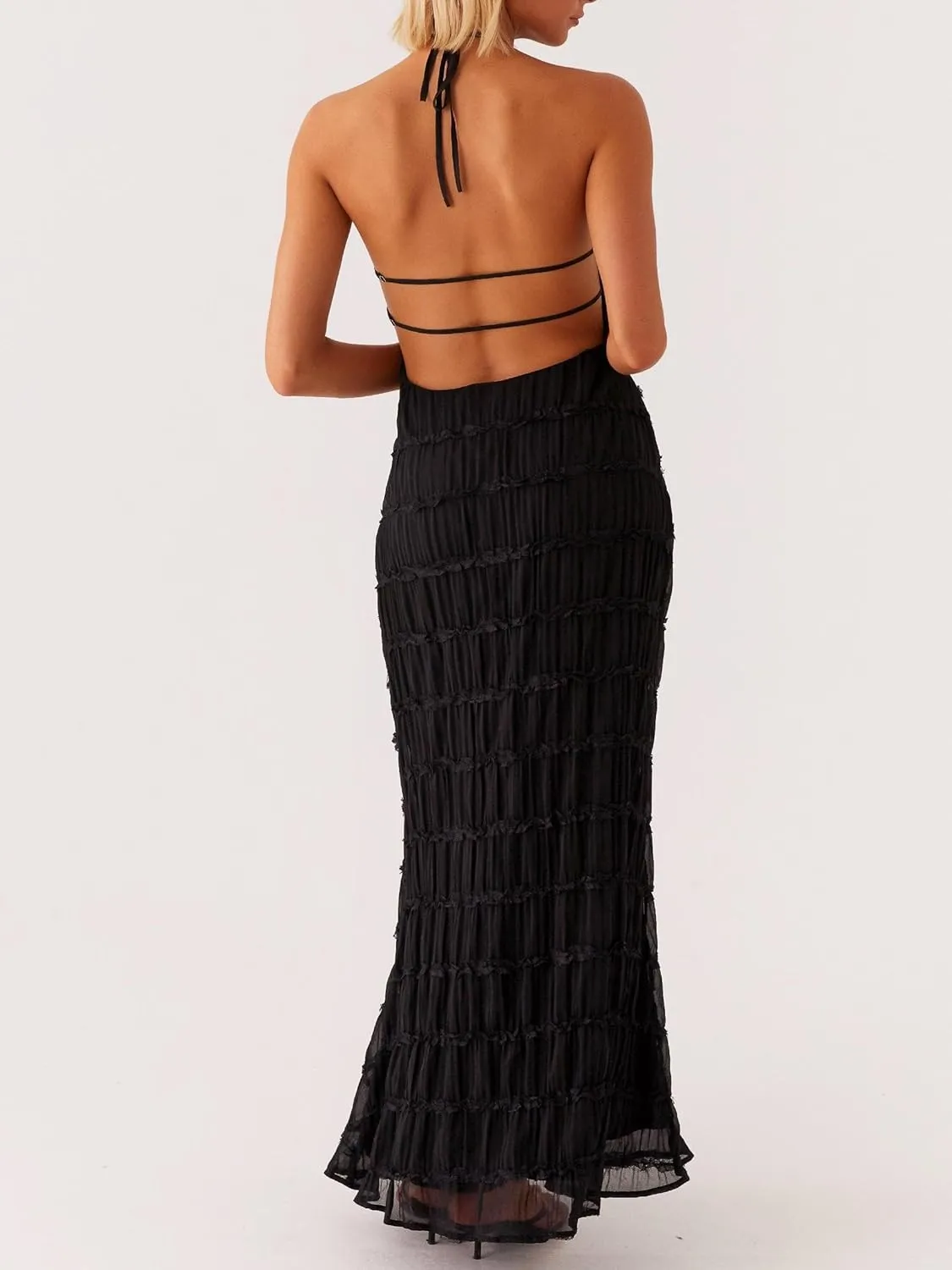 Women Y2k Backless Long Dress Halter Tie Neck Maxi Dress Flowy Beach Sundress Summer Streetwear
