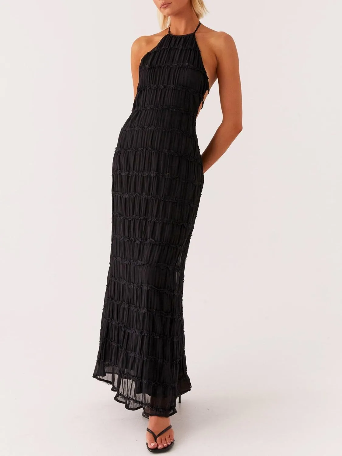 Women Y2k Backless Long Dress Halter Tie Neck Maxi Dress Flowy Beach Sundress Summer Streetwear