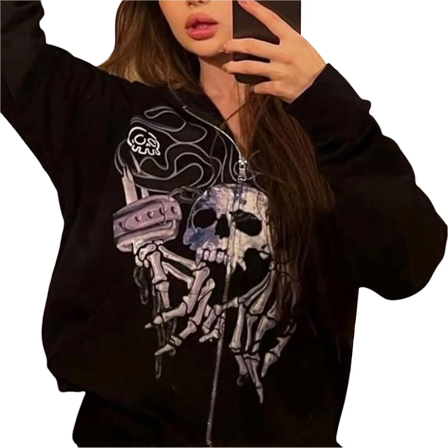 Women Zip Up Hoodie Y2k Vintage Graphic Oversized Sweatshirt Long Sleeve Goth Jacket Full Grunge Streetwear