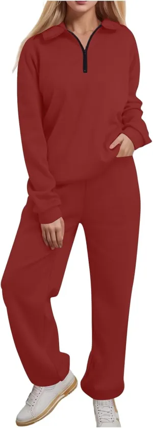 Womens 2 Piece Outfits Lounge Half Zip Hoodie Sweatsuit Sets Oversized Sweatshirt Baggy Fall Fashion Sweatpants A-red