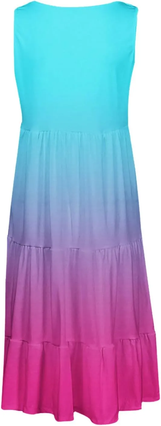 Womens 2025 Summer Casual Boho Dresses Sleeveless Color Block Ruffle Tiered Sundresses Cute Crew Neck Mini Dress