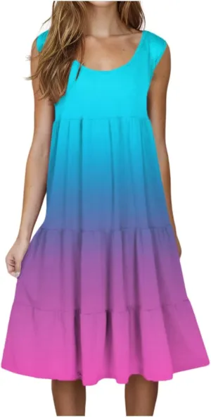 Womens 2025 Summer Casual Boho Dresses Sleeveless Color Block Ruffle Tiered Sundresses Cute Crew Neck Mini Dress