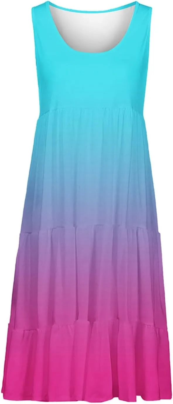 Womens 2025 Summer Casual Boho Dresses Sleeveless Color Block Ruffle Tiered Sundresses Cute Crew Neck Mini Dress
