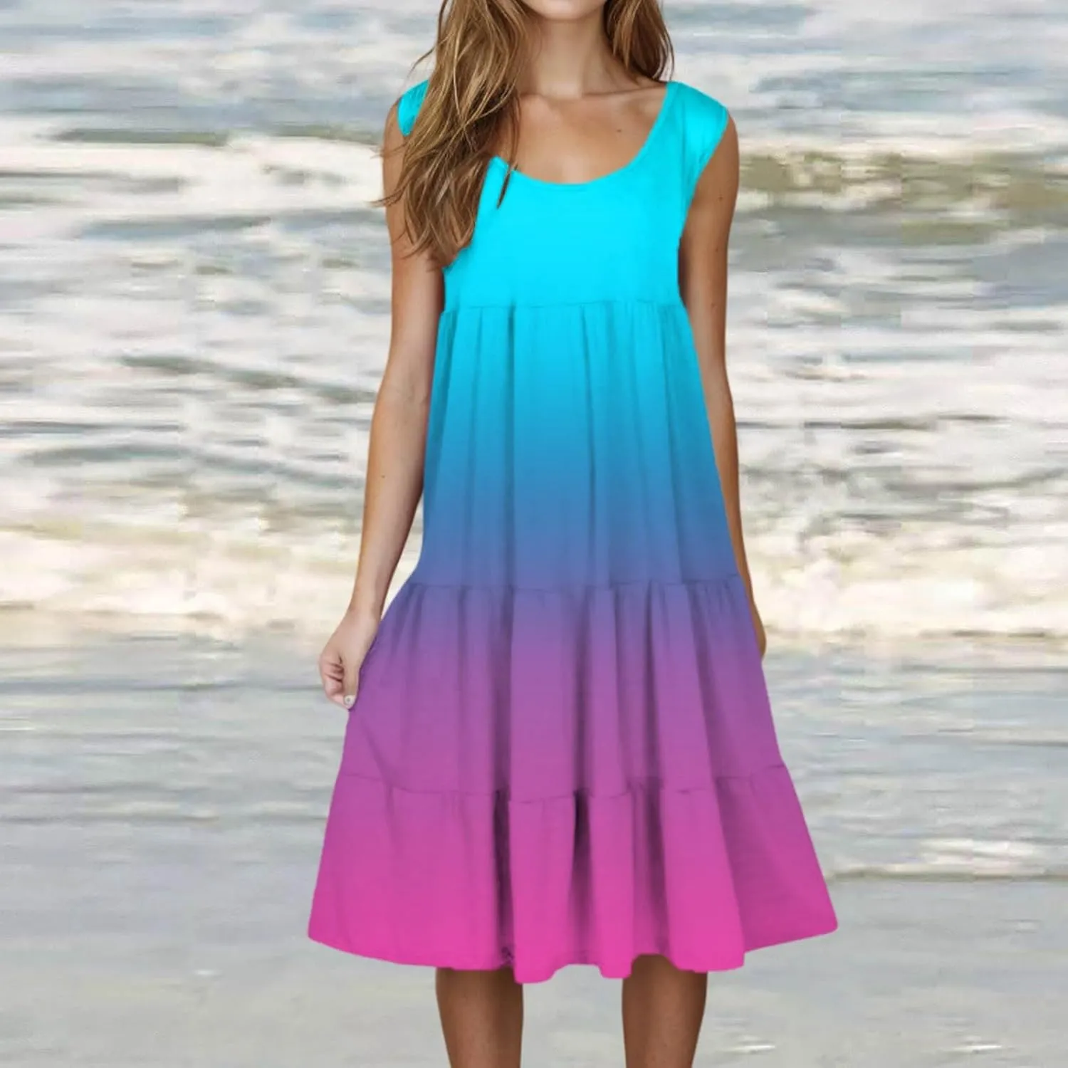 Womens 2025 Summer Casual Boho Dresses Sleeveless Color Block Ruffle Tiered Sundresses Cute Crew Neck Mini Dress