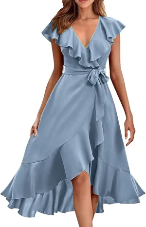 Women's 2025 Summer Wrap Midi Dress Casual Boho Deep V Neck Short Sleeve Ruffle Hem Split Beach Elegance Long Dresses