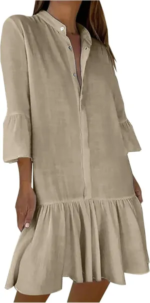 Womens 3/4 Sleeve Shirt Dresses 2025 Spring Outfit Casual Button Stand Collar Ruffle Patchwork Hem Mini Dress
