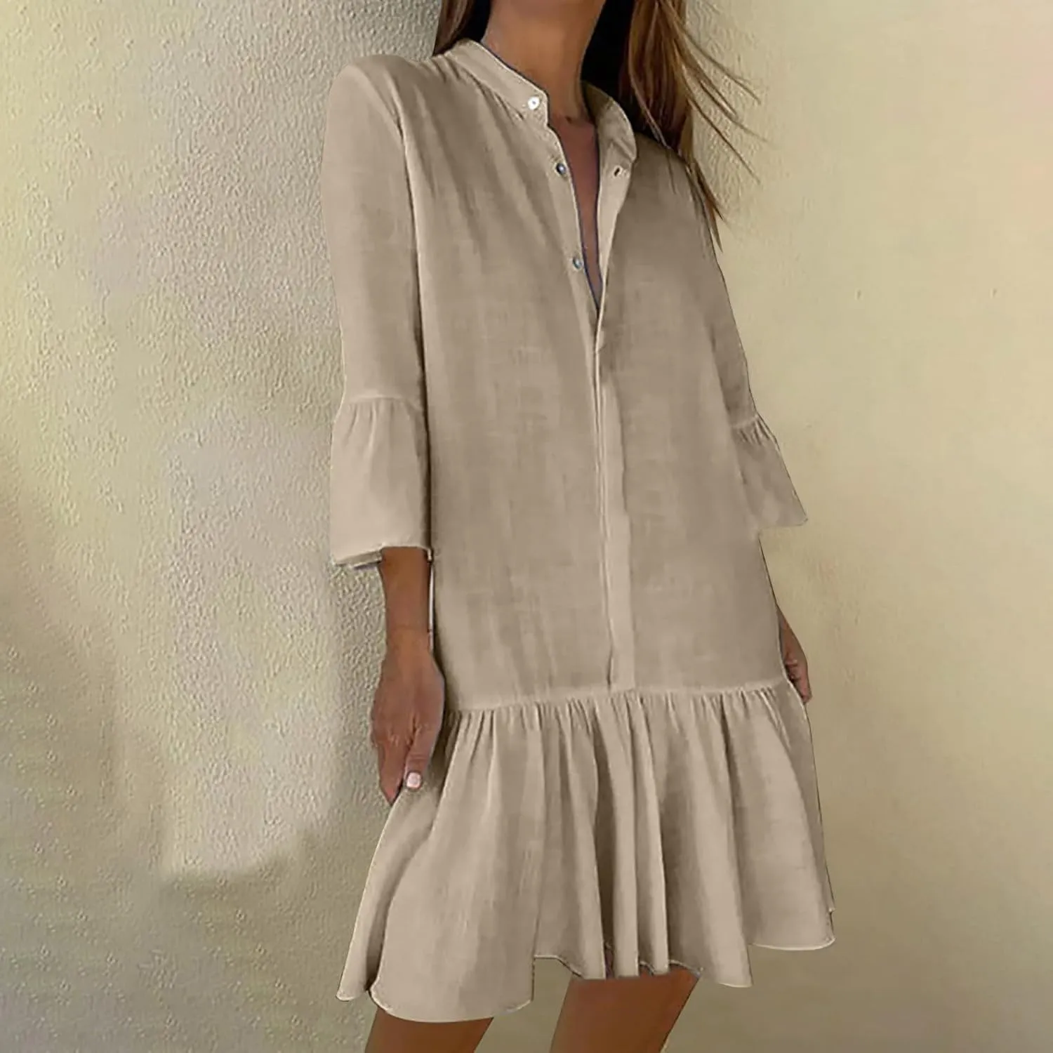 Womens 3/4 Sleeve Shirt Dresses 2025 Spring Outfit Casual Button Stand Collar Ruffle Patchwork Hem Mini Dress