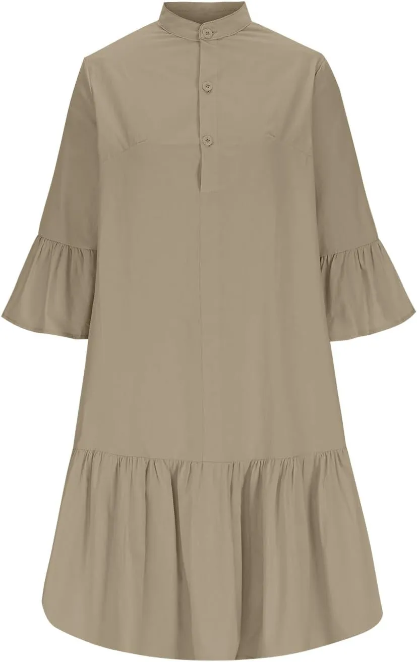 Womens 3/4 Sleeve Shirt Dresses 2025 Spring Outfit Casual Button Stand Collar Ruffle Patchwork Hem Mini Dress