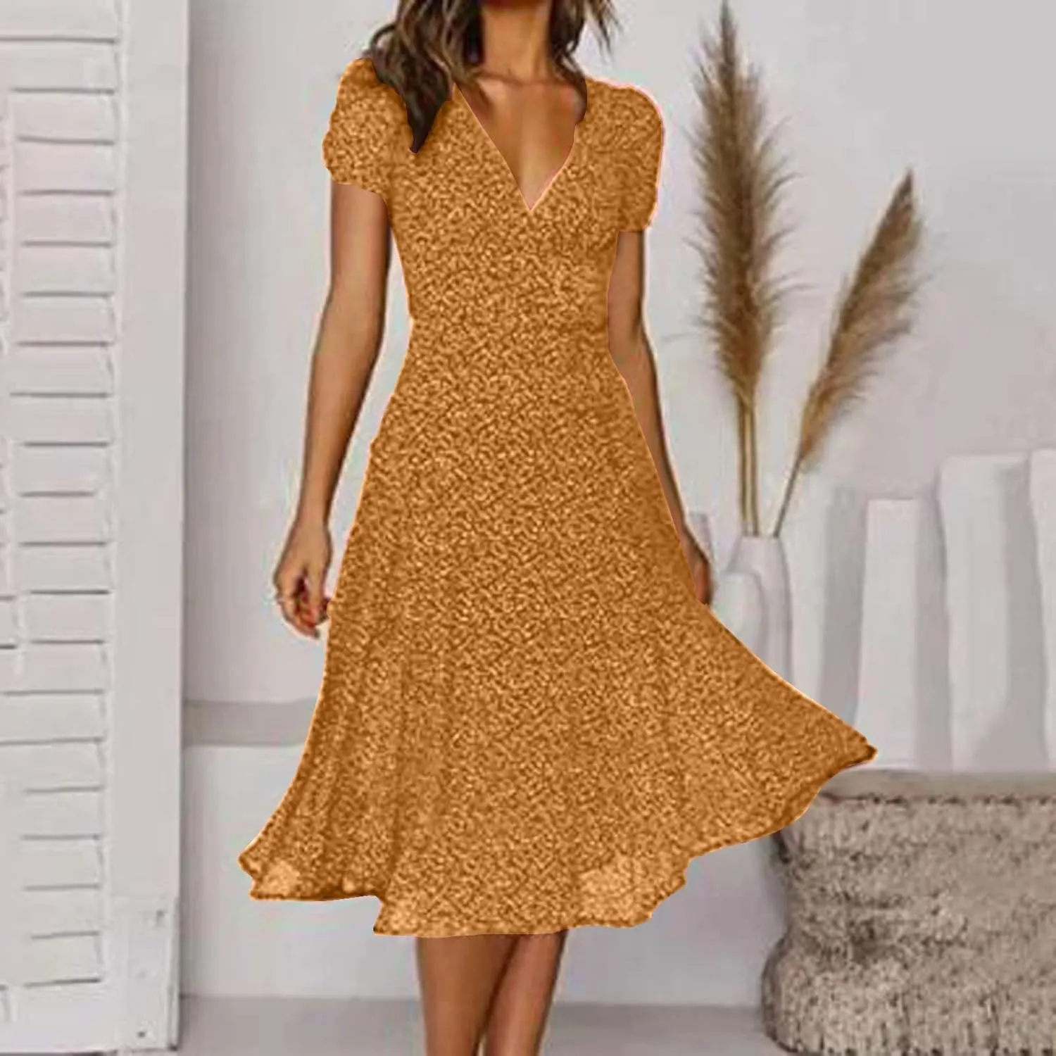 Womens Boho Dresses Summer Flowy V Neck Puff Short Sleeve Midi Dress Trendy Color Block Floral Smocked Beach Dress