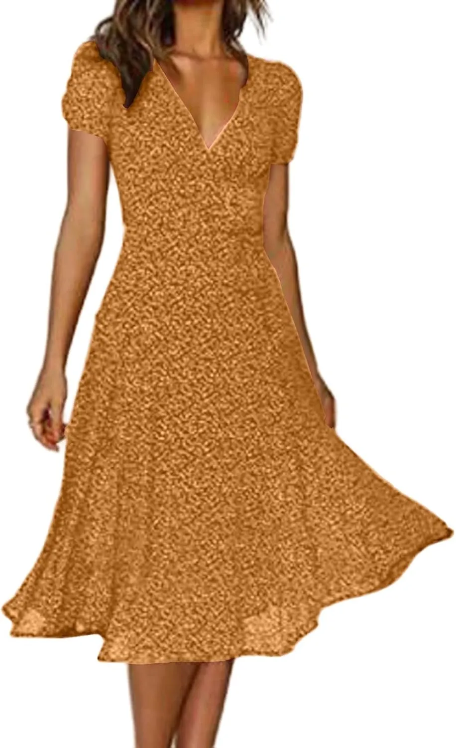 Womens Boho Dresses Summer Flowy V Neck Puff Short Sleeve Midi Dress Trendy Color Block Floral Smocked Beach Dress