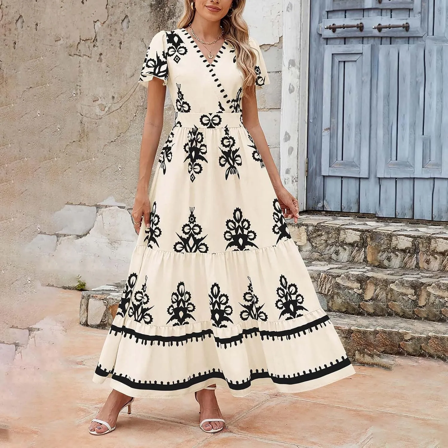 Womens Boho Maxi Dress Summer Casual Short Sleeve A Line Flowy Long V Neck Sundress Beach Vacation Dresses with Pockets