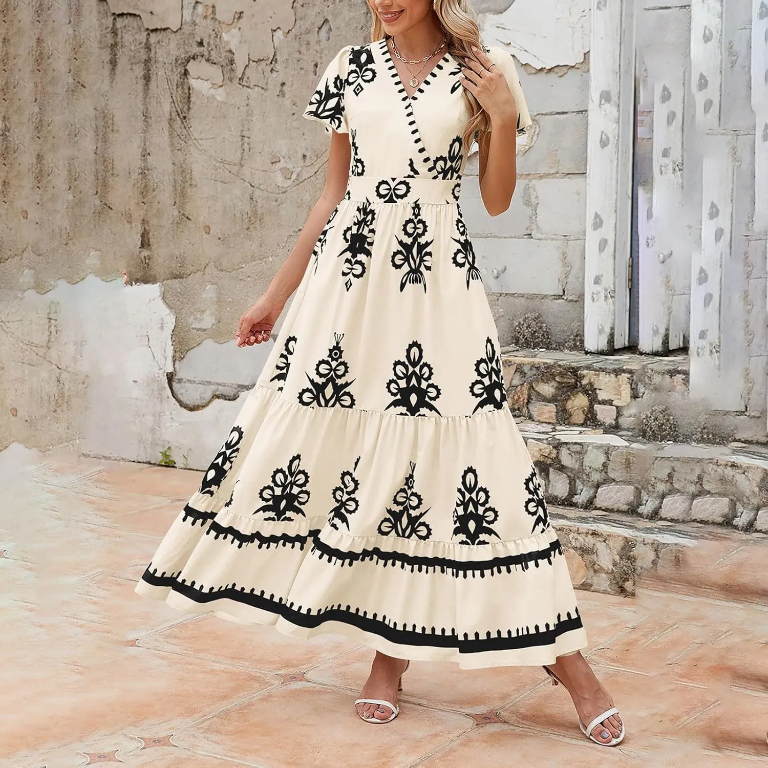 Womens Boho Maxi Dress Summer Casual Short Sleeve A Line Flowy Long V Neck Sundress Beach Vacation Dresses with Pockets