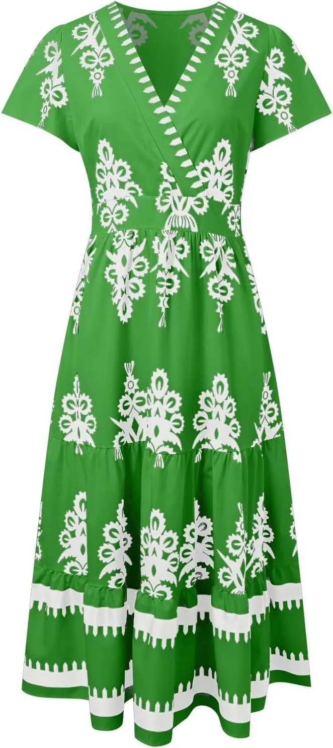 Womens Boho Maxi Dress Summer Casual Short Sleeve A Line Flowy Long V Neck Sundress Beach Vacation Dresses with Pockets