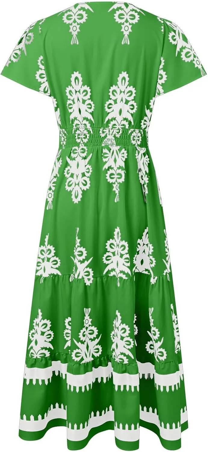 Womens Boho Maxi Dress Summer Casual Short Sleeve A Line Flowy Long V Neck Sundress Beach Vacation Dresses with Pockets
