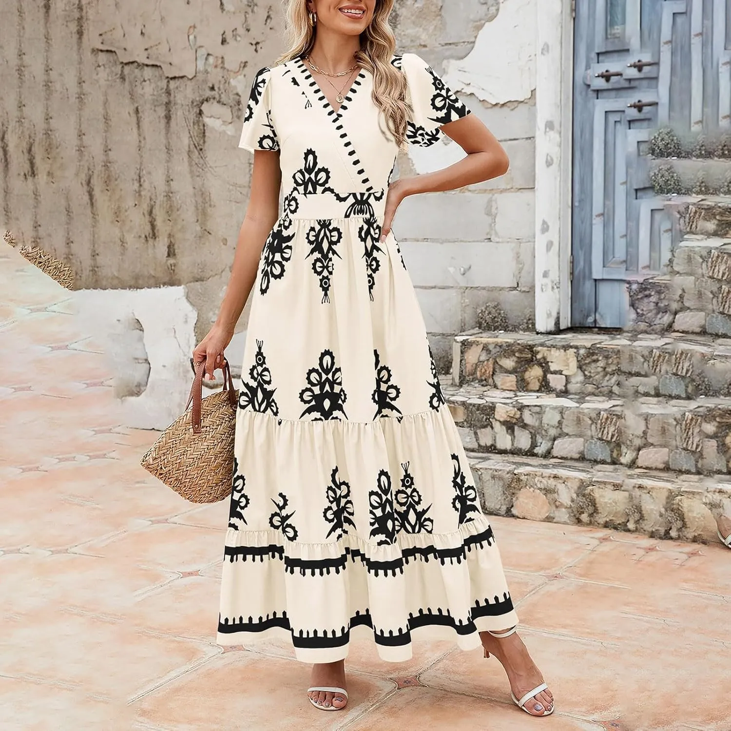 Womens Boho Maxi Dress Summer Casual Short Sleeve A Line Flowy Long V Neck Sundress Beach Vacation Dresses with Pockets